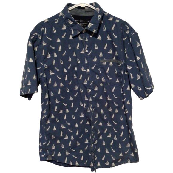 PD&C Men’s Blue White Sailboat Print Shirt Short Sleeve Button Front Casual XL - Picture 1 of 3